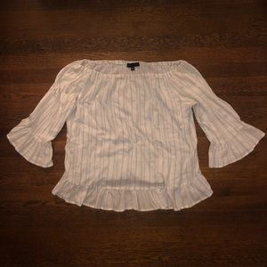 3/4 Sleeve White Blouse w/ Baby Blue Streaks